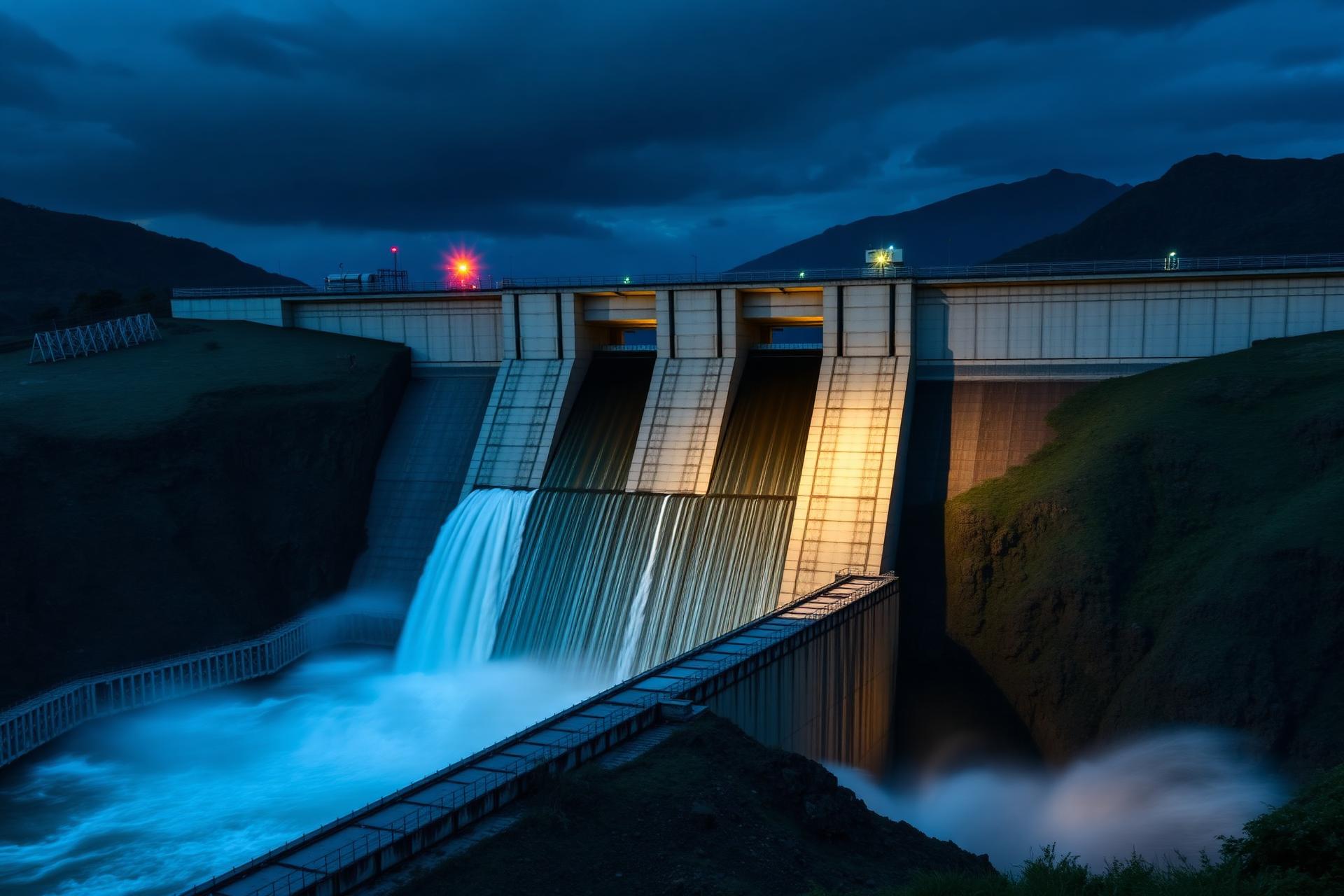 Represa hidroeléctrica imponente al anochecer